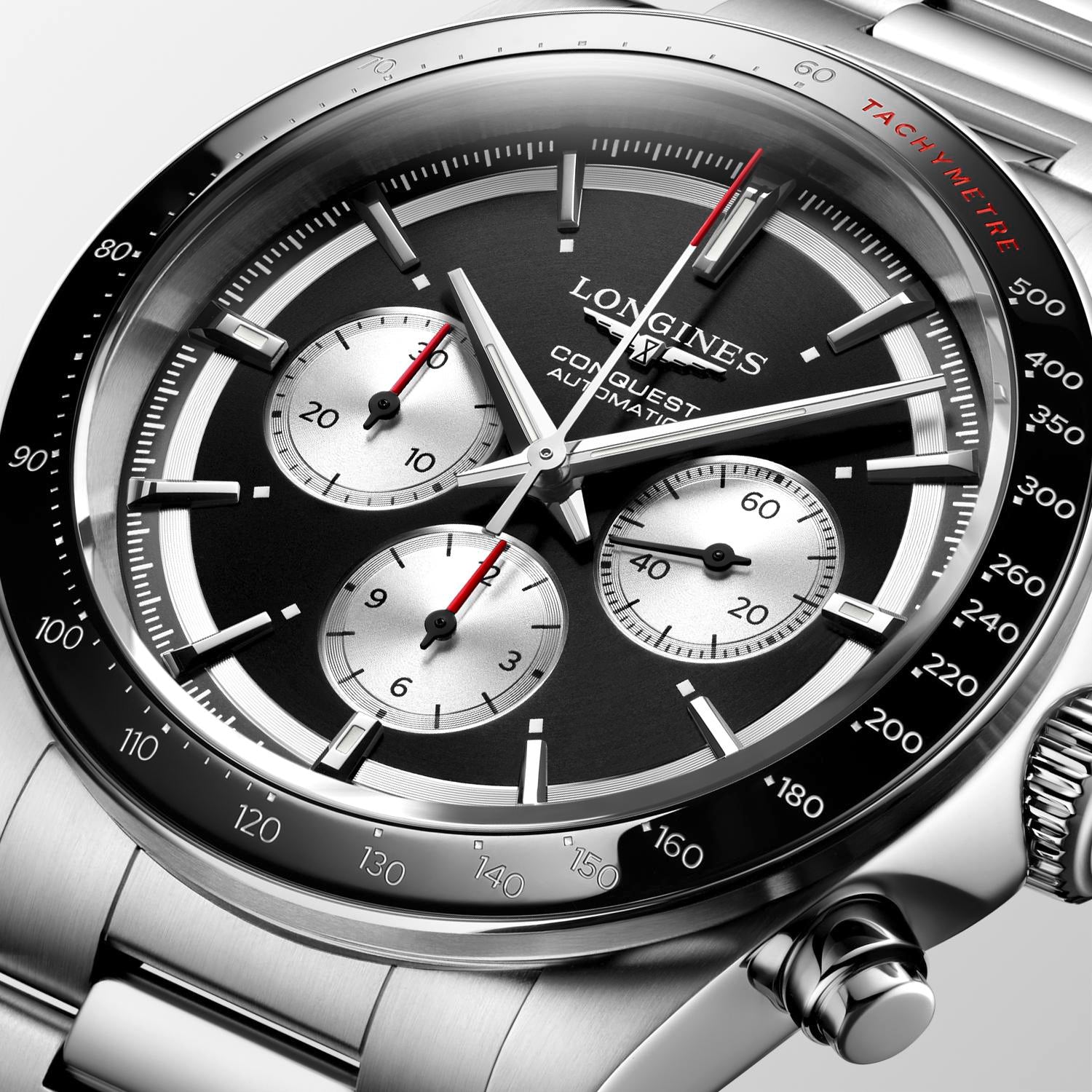 Longines Conquest Chronograph Black Circular with Silver Counters Dial Men's Watch