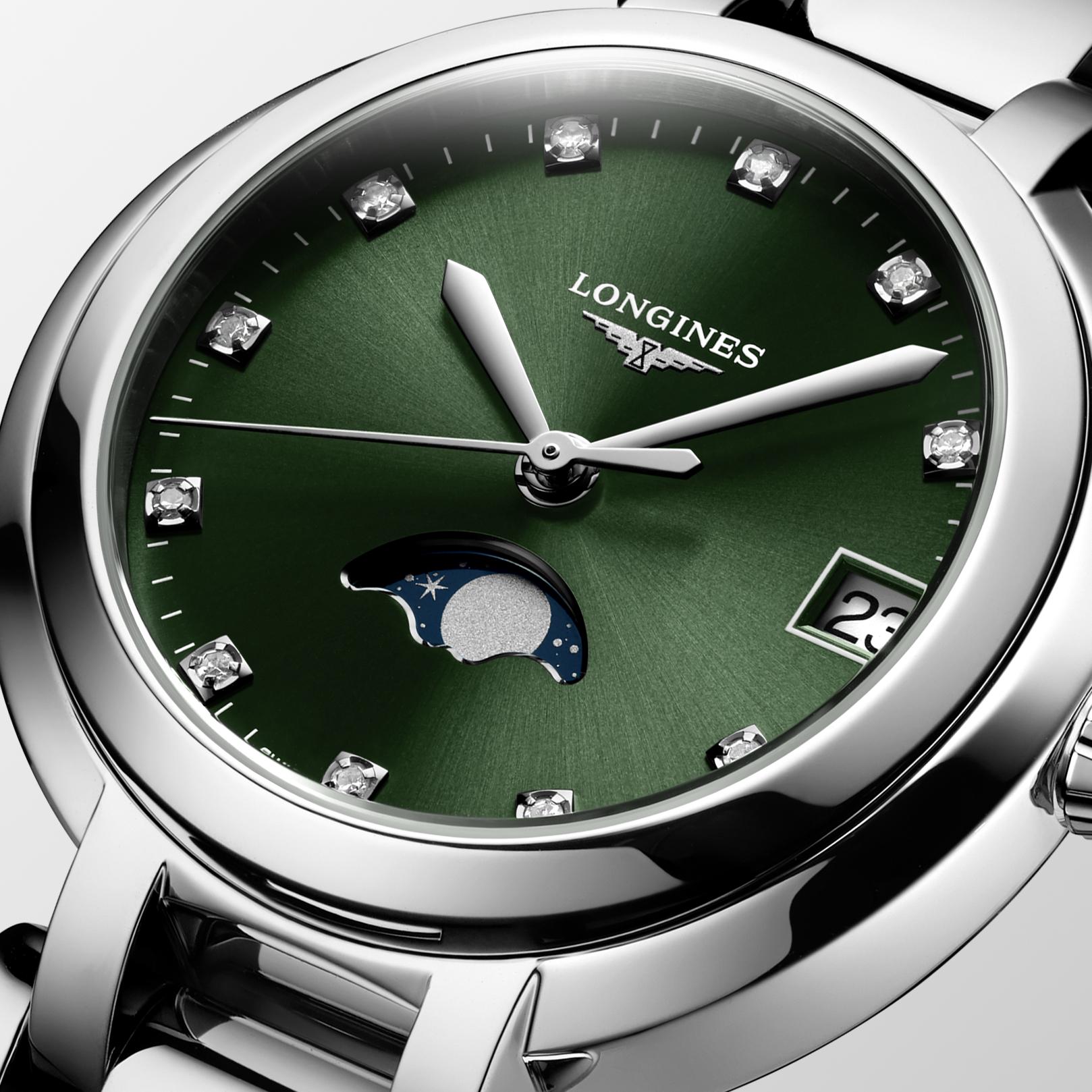 Longines PrimaLuna MoonPhase Sunray Green Dial Ladies Watch