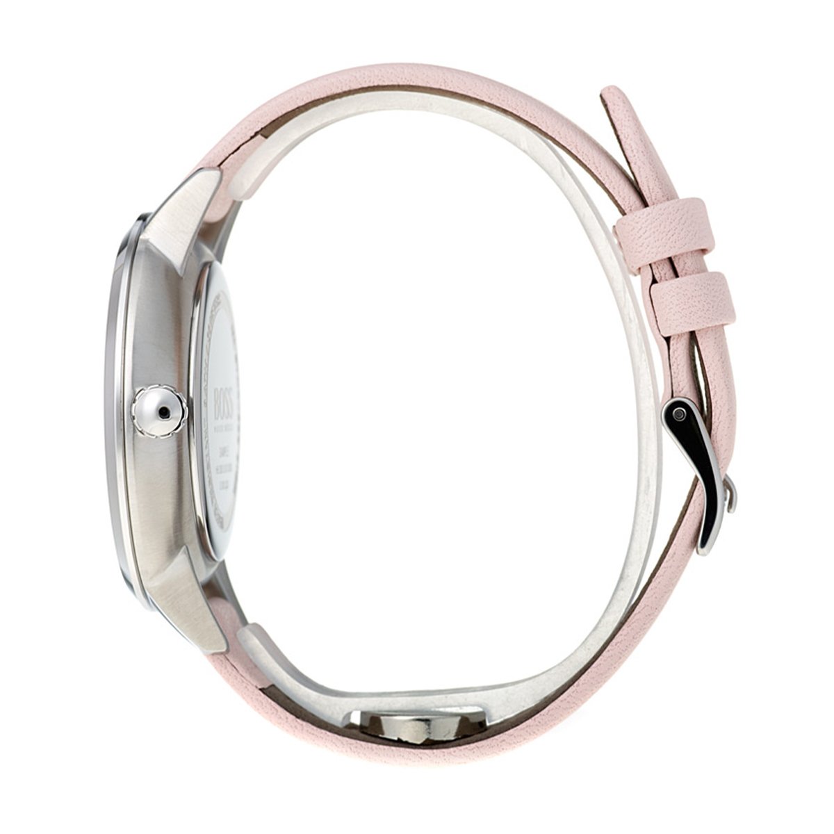 side angle of pink leather strap Hugo Boss watch