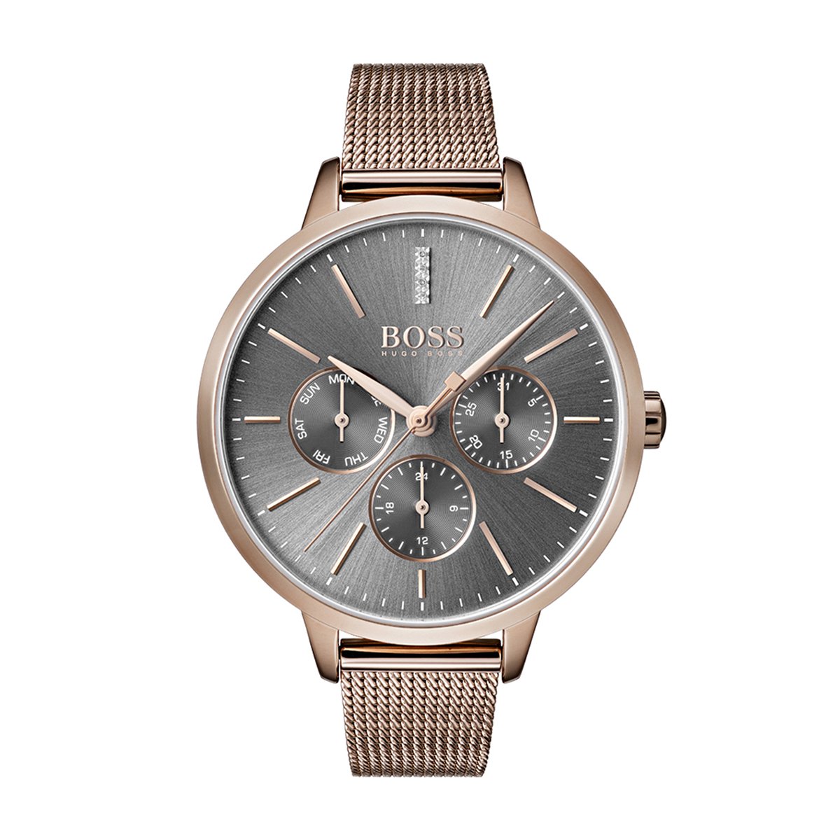 grey chronograph dial Hugo Boss ladies watch with mesh bracelet
