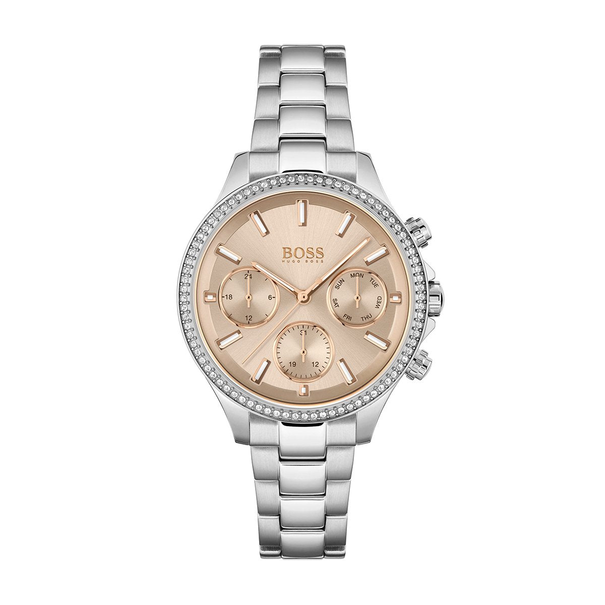 rose gold dial with three sub dials Hugo Boss watch