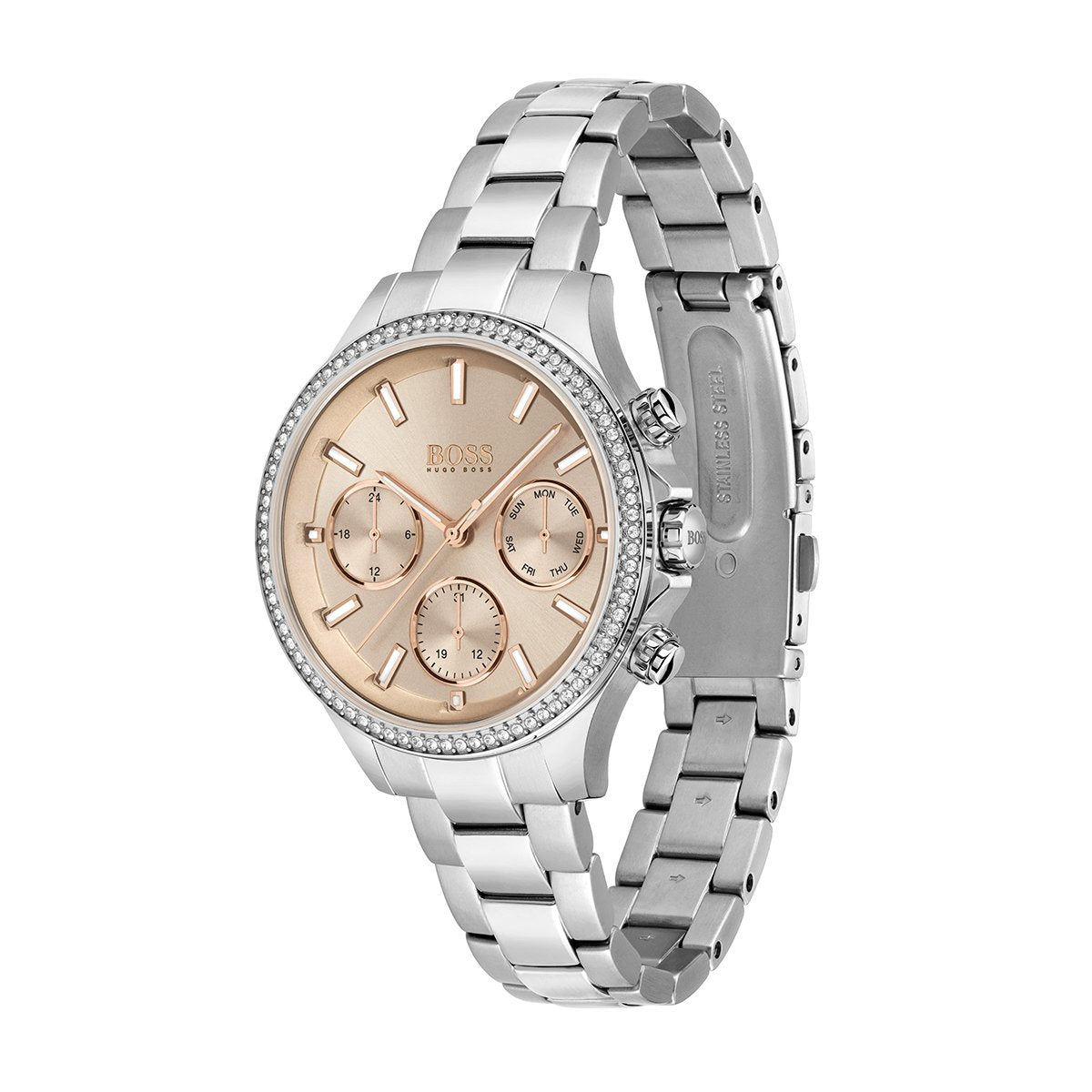 other angle of rose gold dial with three sub dials Hugo Boss watch