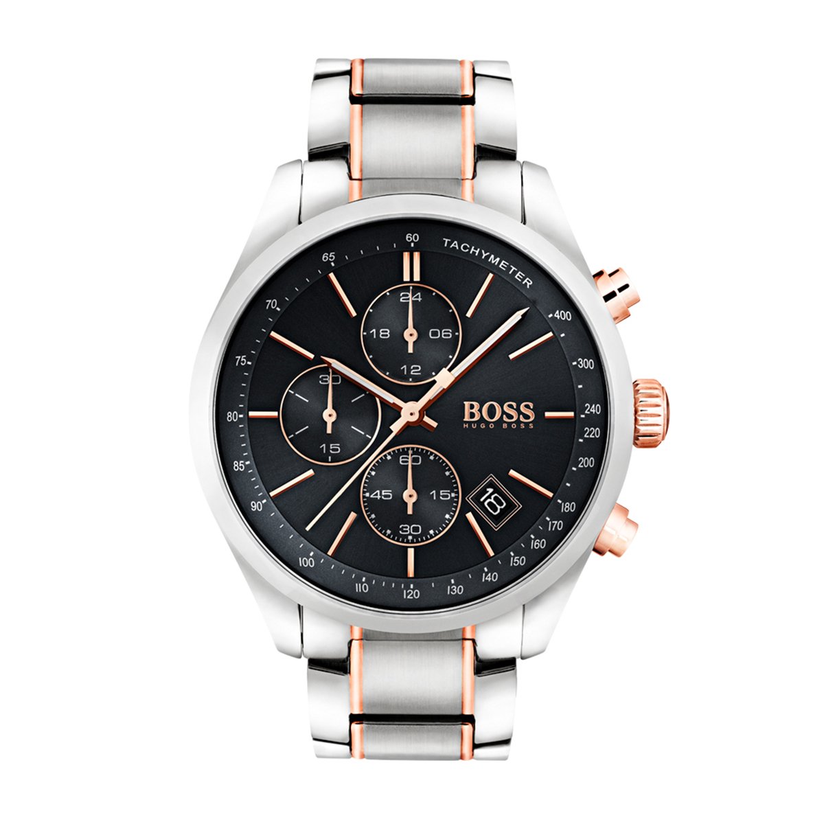 two tone bracelet with black dial with rose gold tone hands with Hugo Boss branding