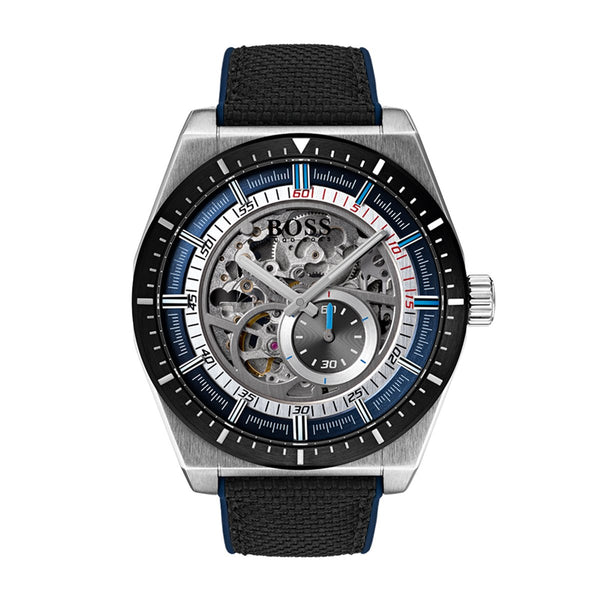 Hugo Boss skeleton dial watch with fabric strap