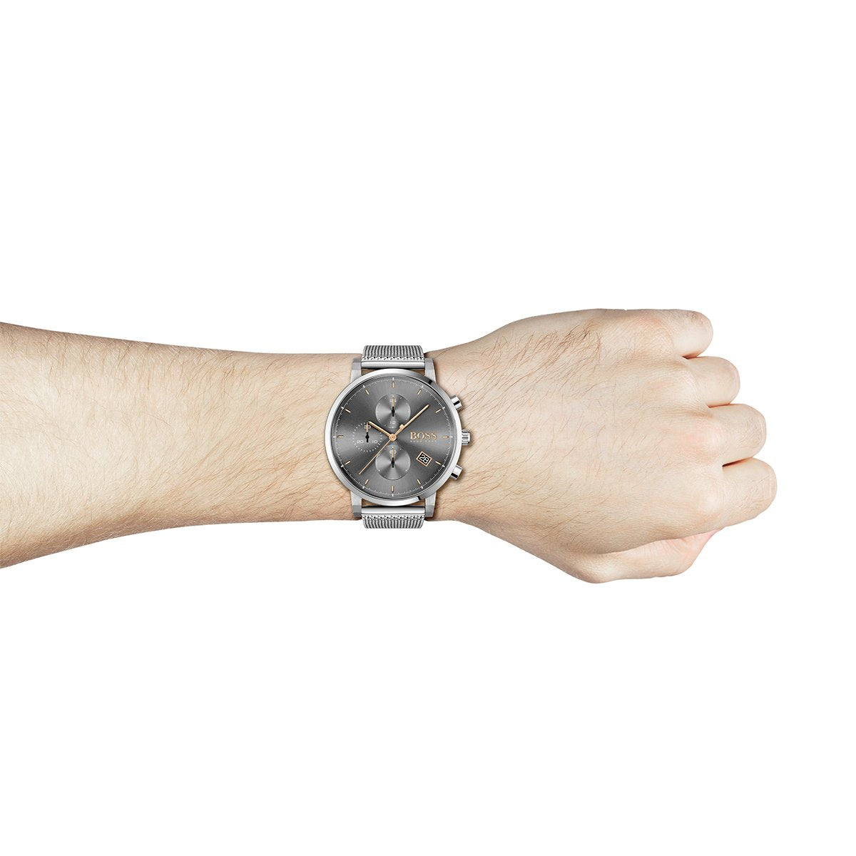 grey dial Hugo Boss watch with rose gold hands and mesh bracelet on wrist
