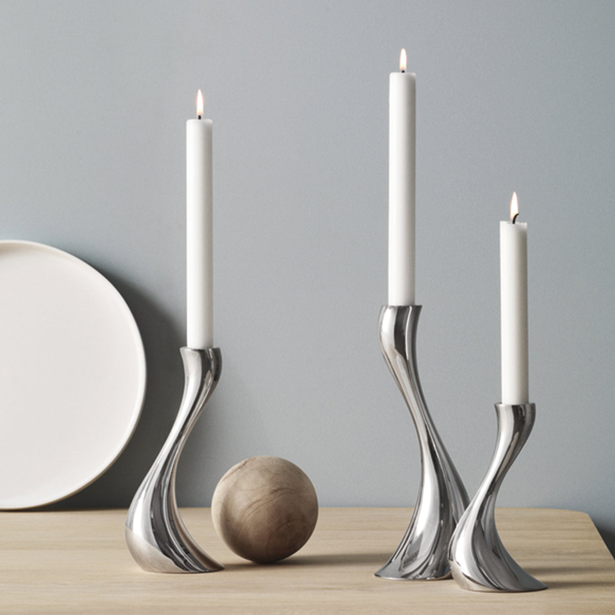 Georg Jensen Stainless Steel Cobra Set of Three Candle Holders
