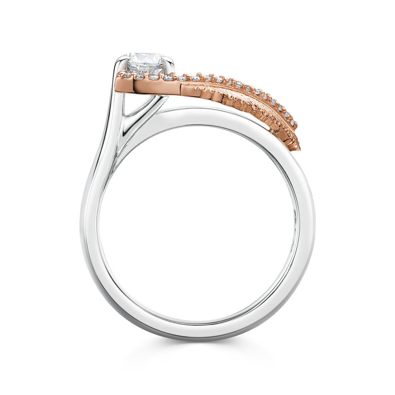 side angle platinum and rose feather ring