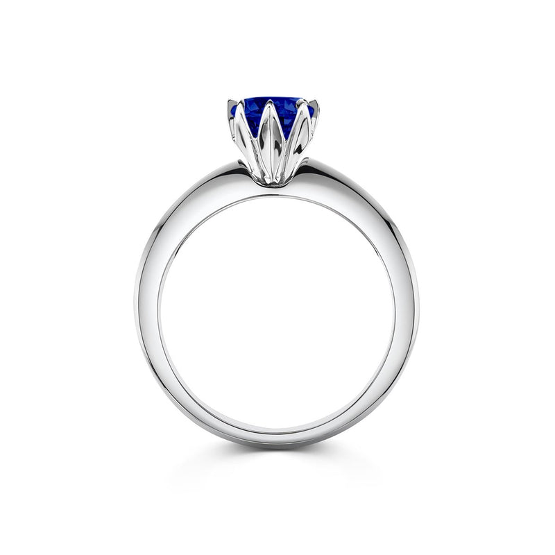 side angle of platinum Sapphire Engagement Ring shaped as bluebell