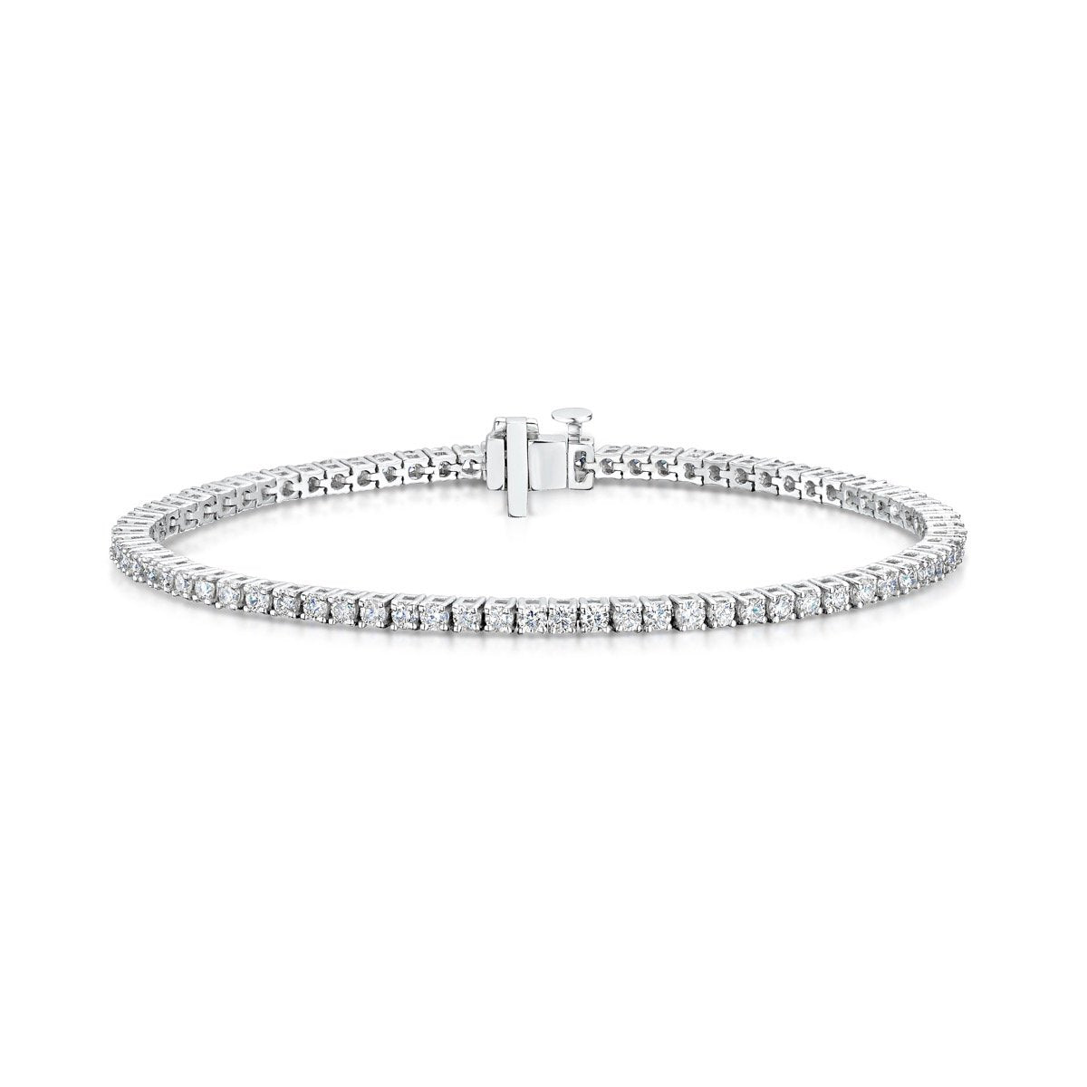 diamond tennis bracelet in white gold with fastener on white background