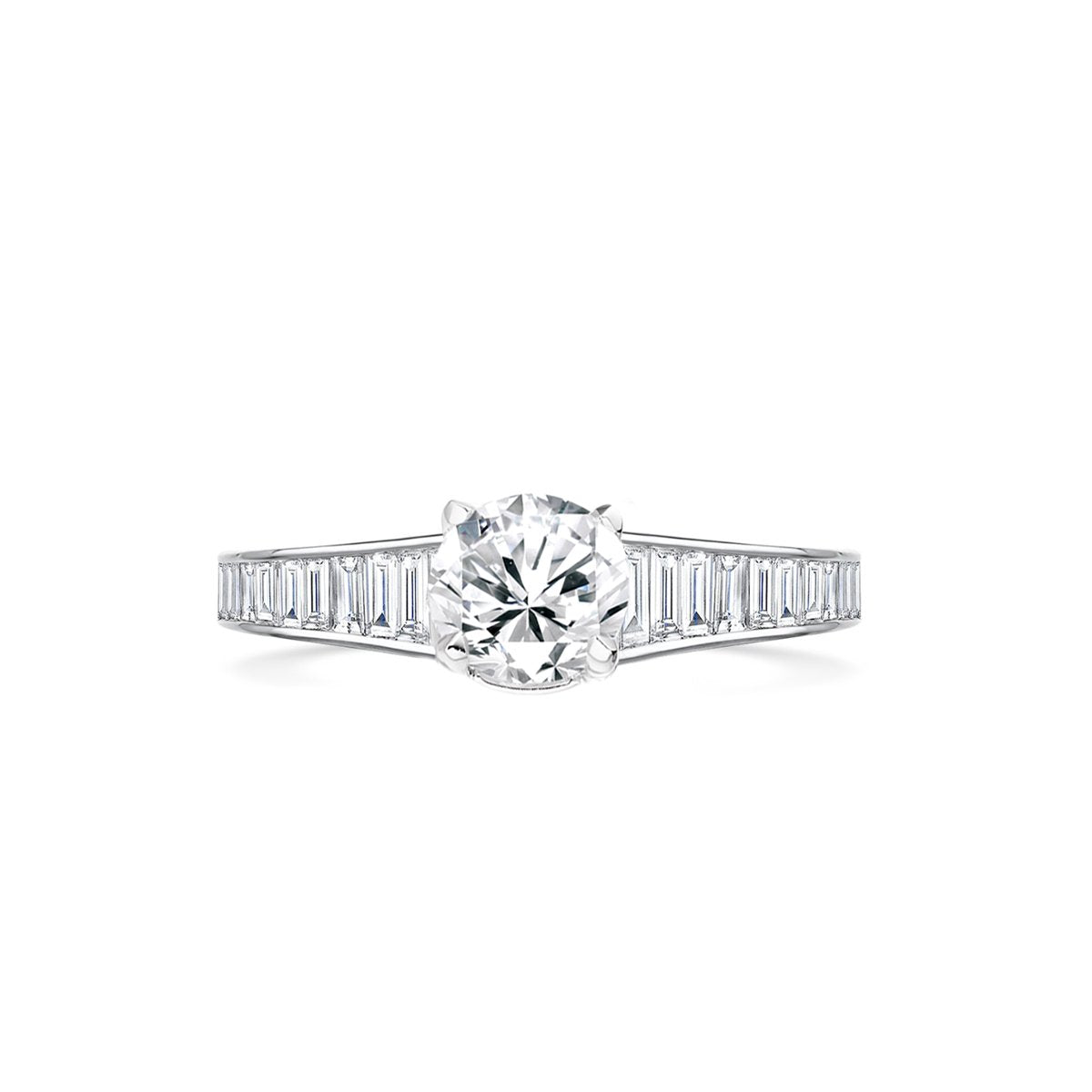 front angle of round brilliant cut engagement ring with elegant baguette cut diamond shoulders