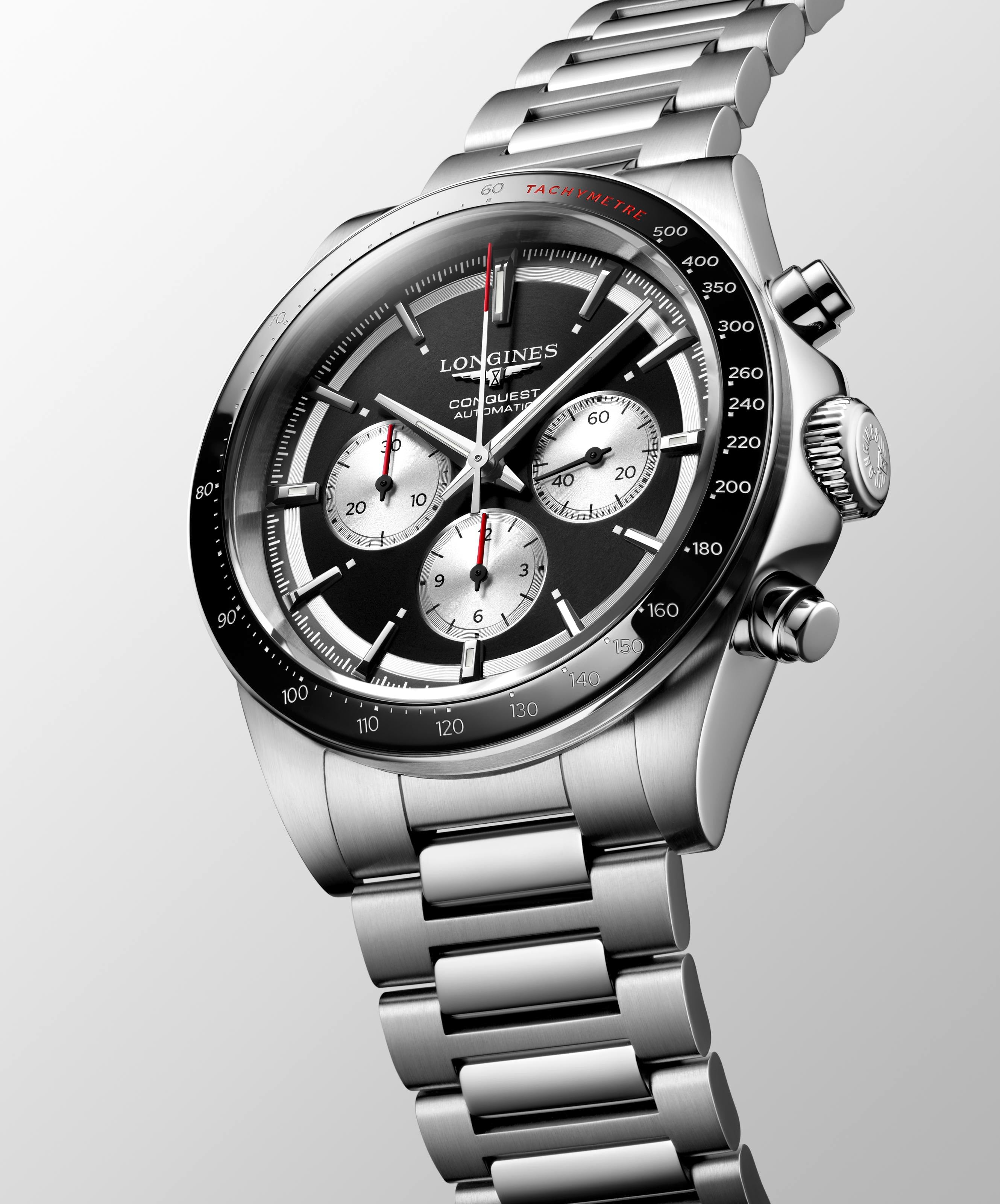 Longines Conquest Chronograph Black Circular with Silver Counters Dial Men's Watch