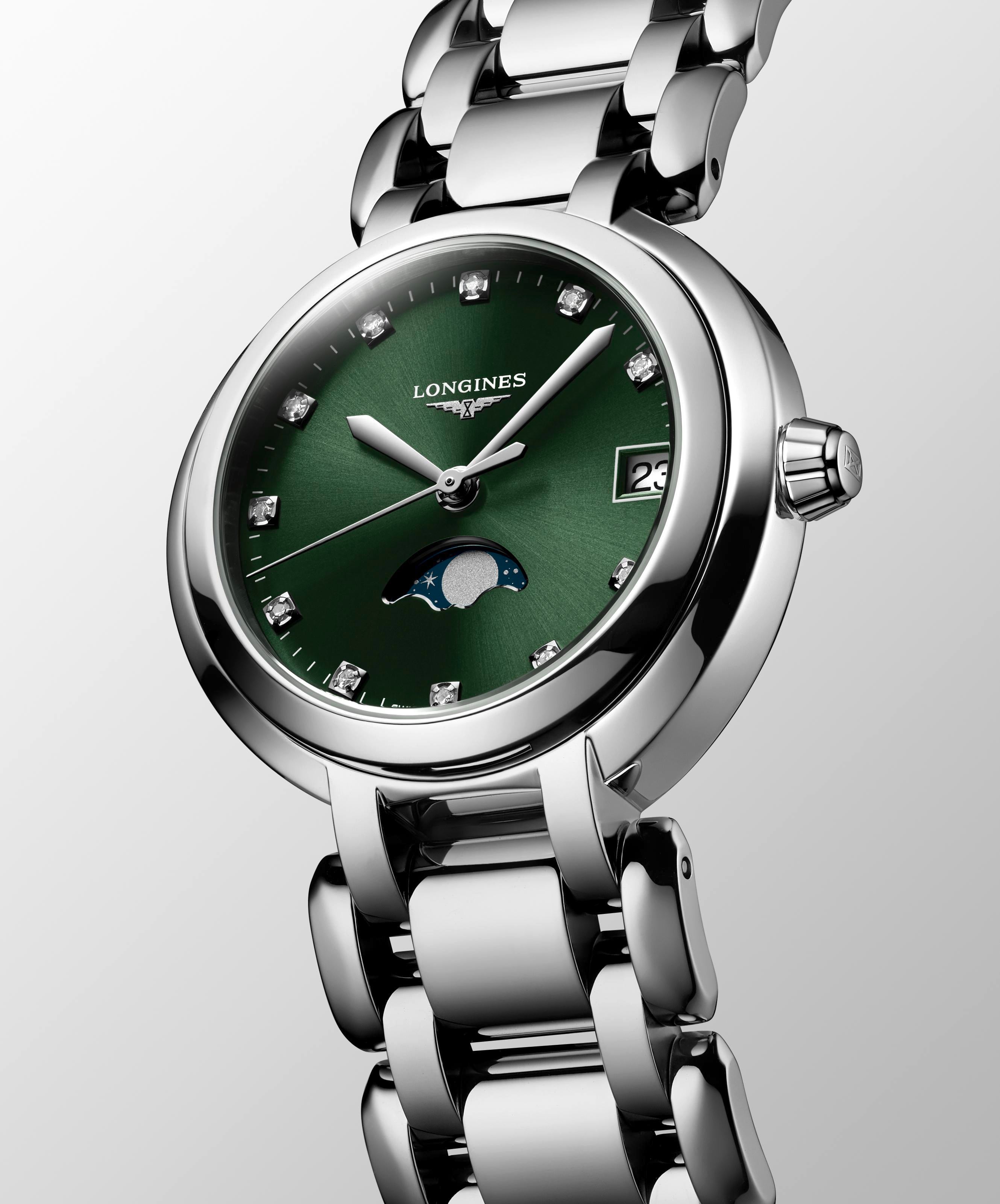 Longines PrimaLuna MoonPhase Sunray Green Dial Ladies Watch