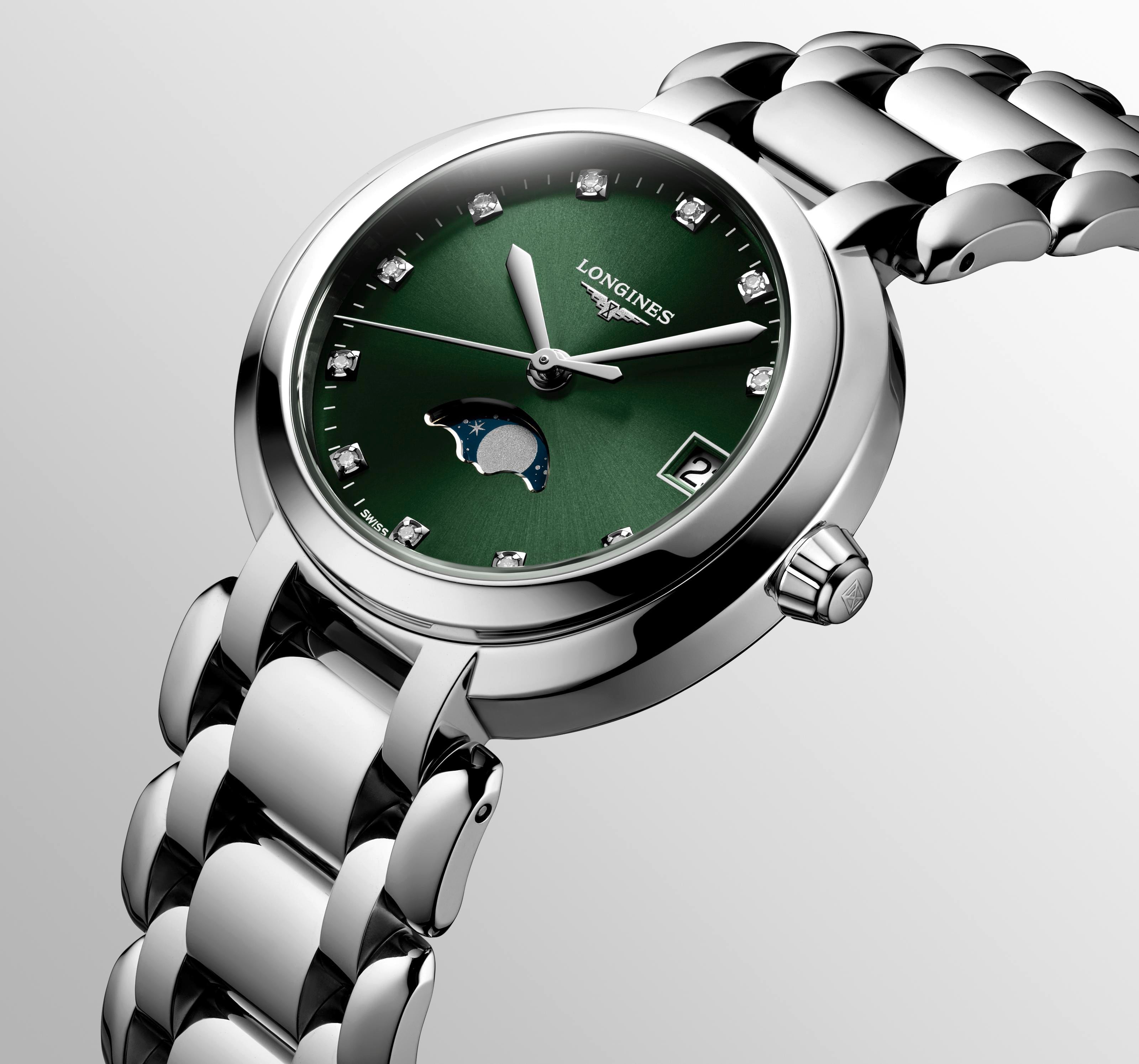 Longines PrimaLuna MoonPhase Sunray Green Dial Ladies Watch