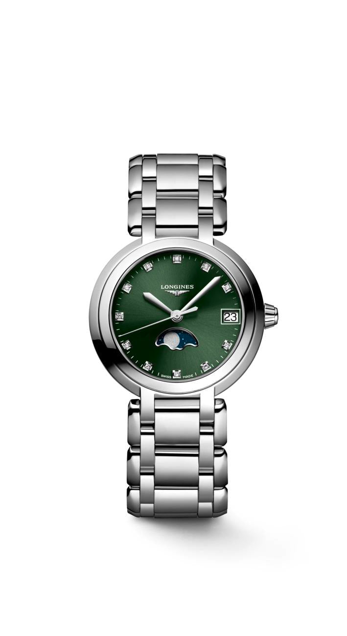 Longines PrimaLuna MoonPhase Sunray Green Dial Ladies Watch