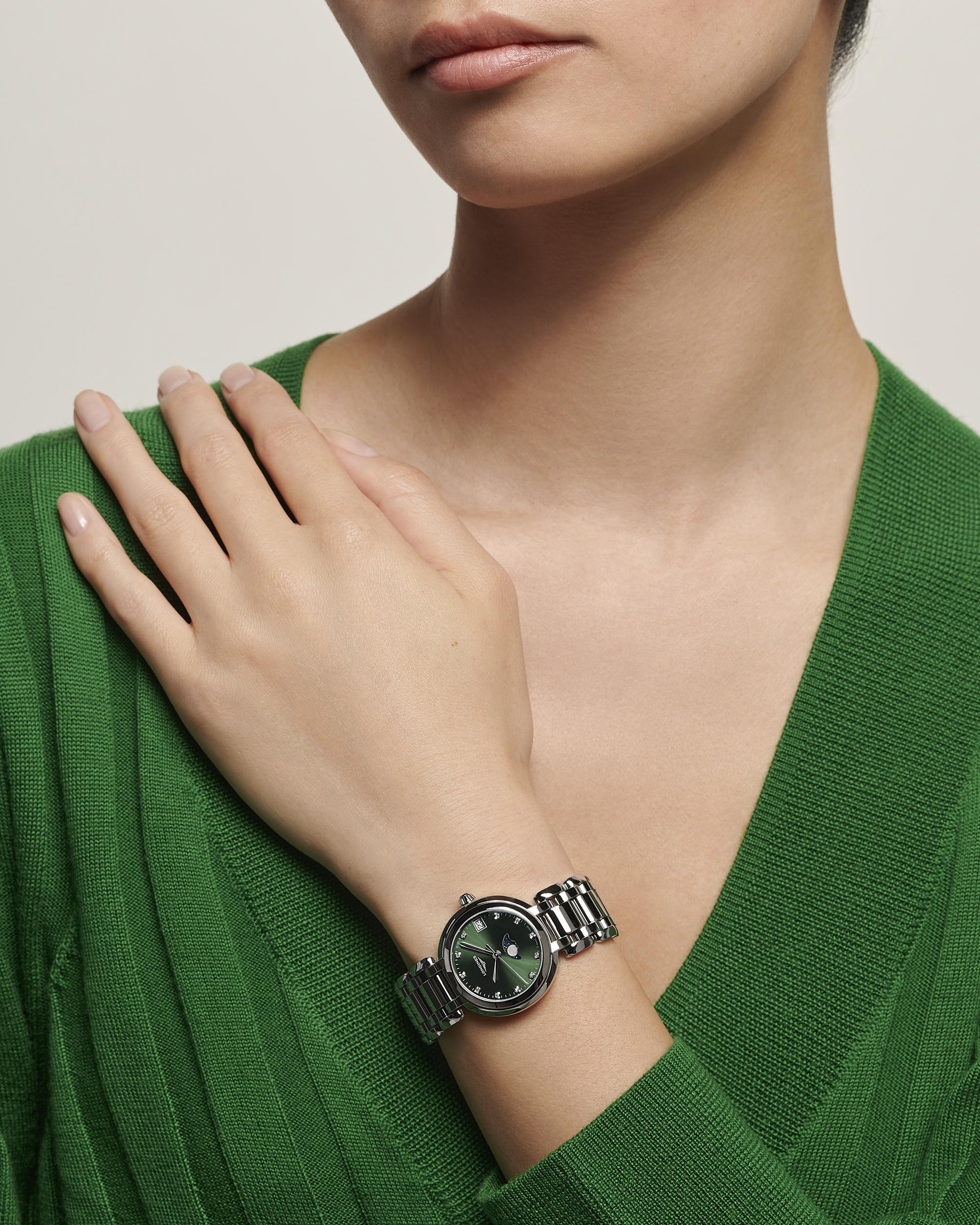 Longines PrimaLuna MoonPhase Sunray Green Dial Ladies Watch