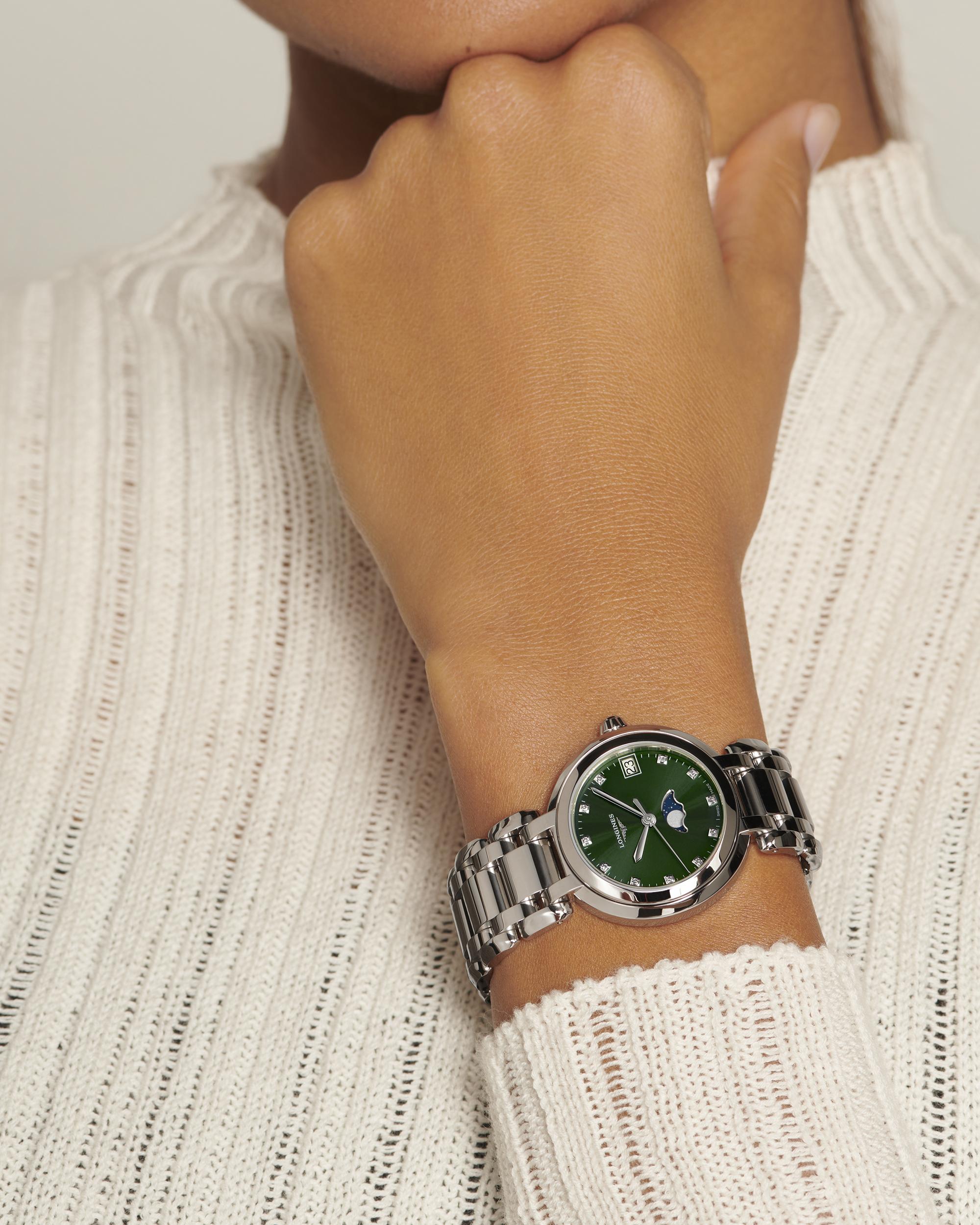 Longines PrimaLuna MoonPhase Sunray Green Dial Ladies Watch