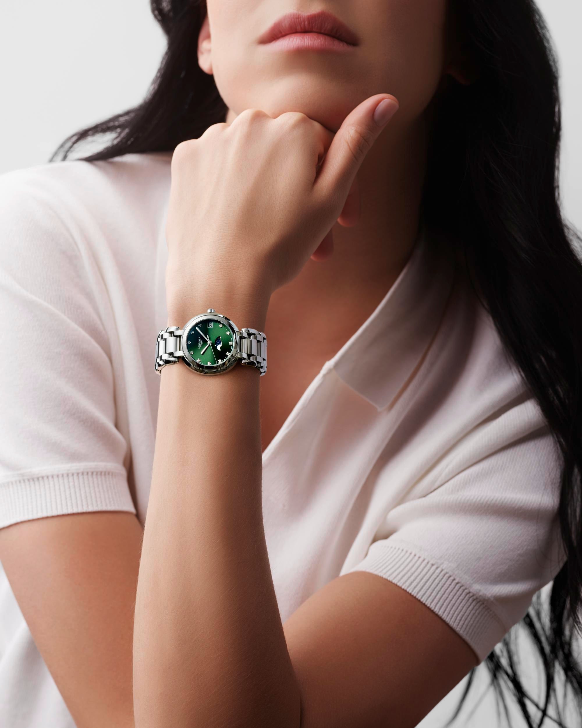 Longines PrimaLuna MoonPhase Sunray Green Dial Ladies Watch
