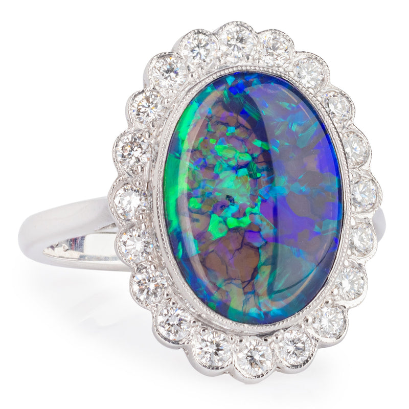 Black Opal and Diamond Cluster Dress Ring