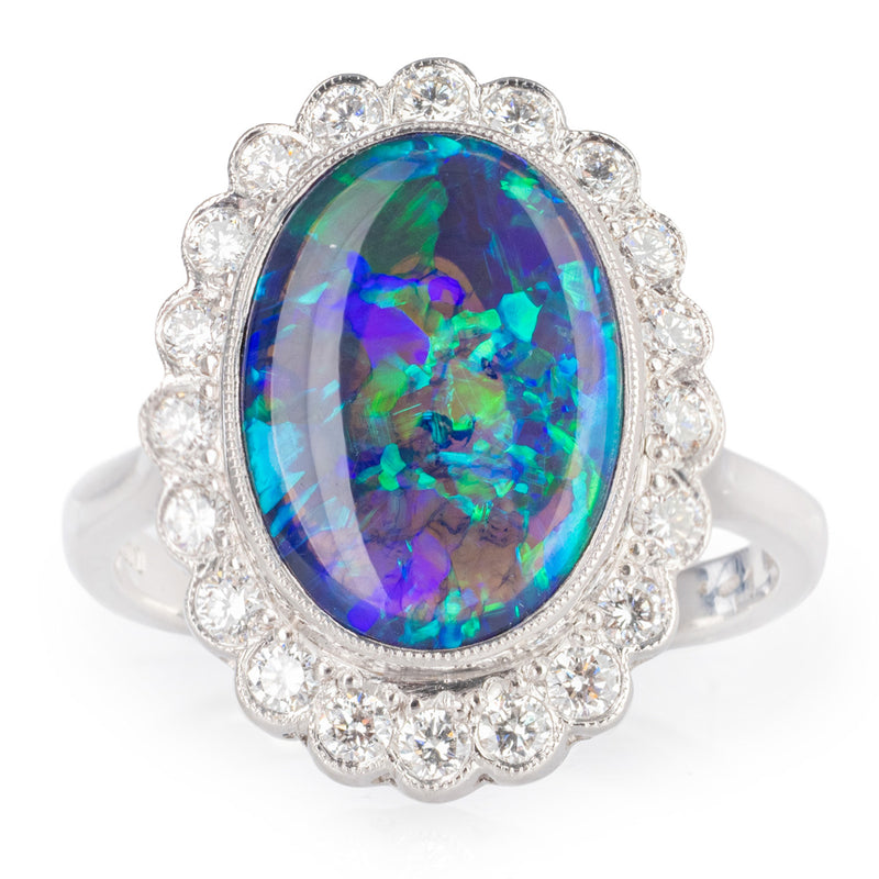 Black Opal and Diamond Cluster Dress Ring