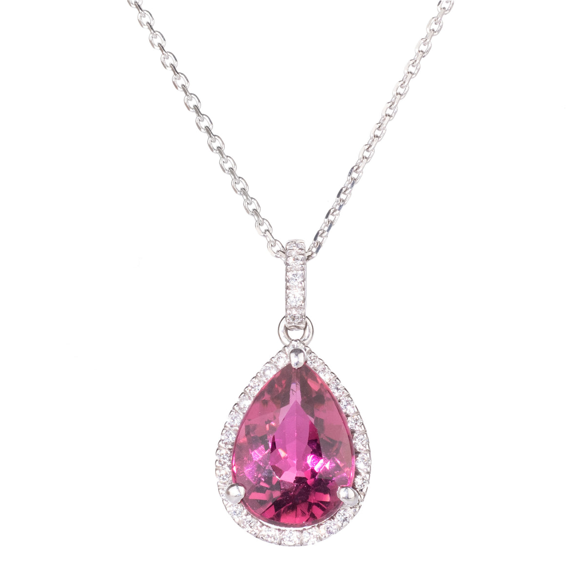 18ct White Gold Pear cut Pink Tourmaline & Diamond Pendant