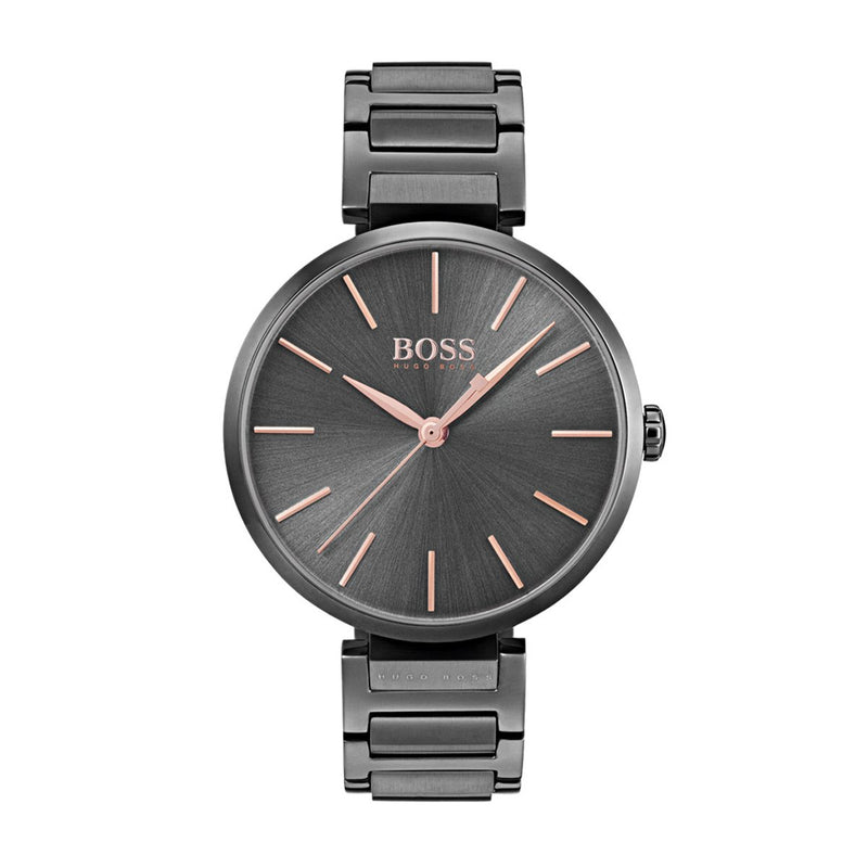 grey dial Hugo Boss watch with rose gold batons and grey bracelet