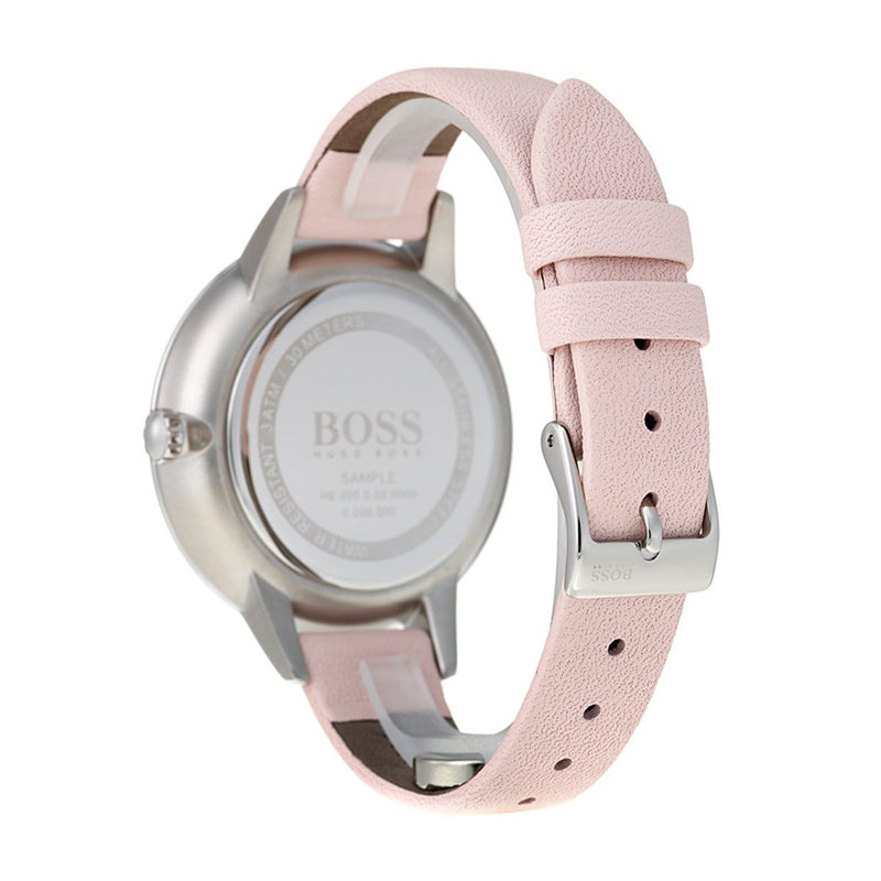 Hugo Boss back of watch with pink leather strap