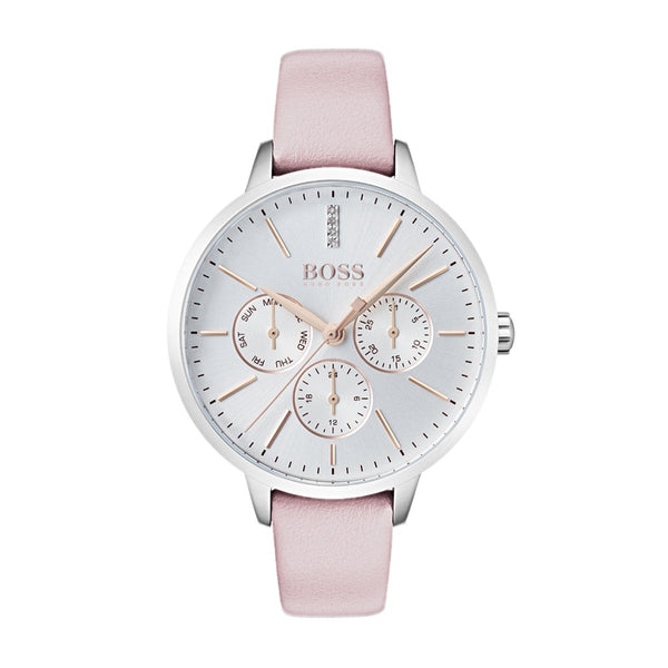 silver dial crohongraph ladies Hugo Boss watch with pink leather strap