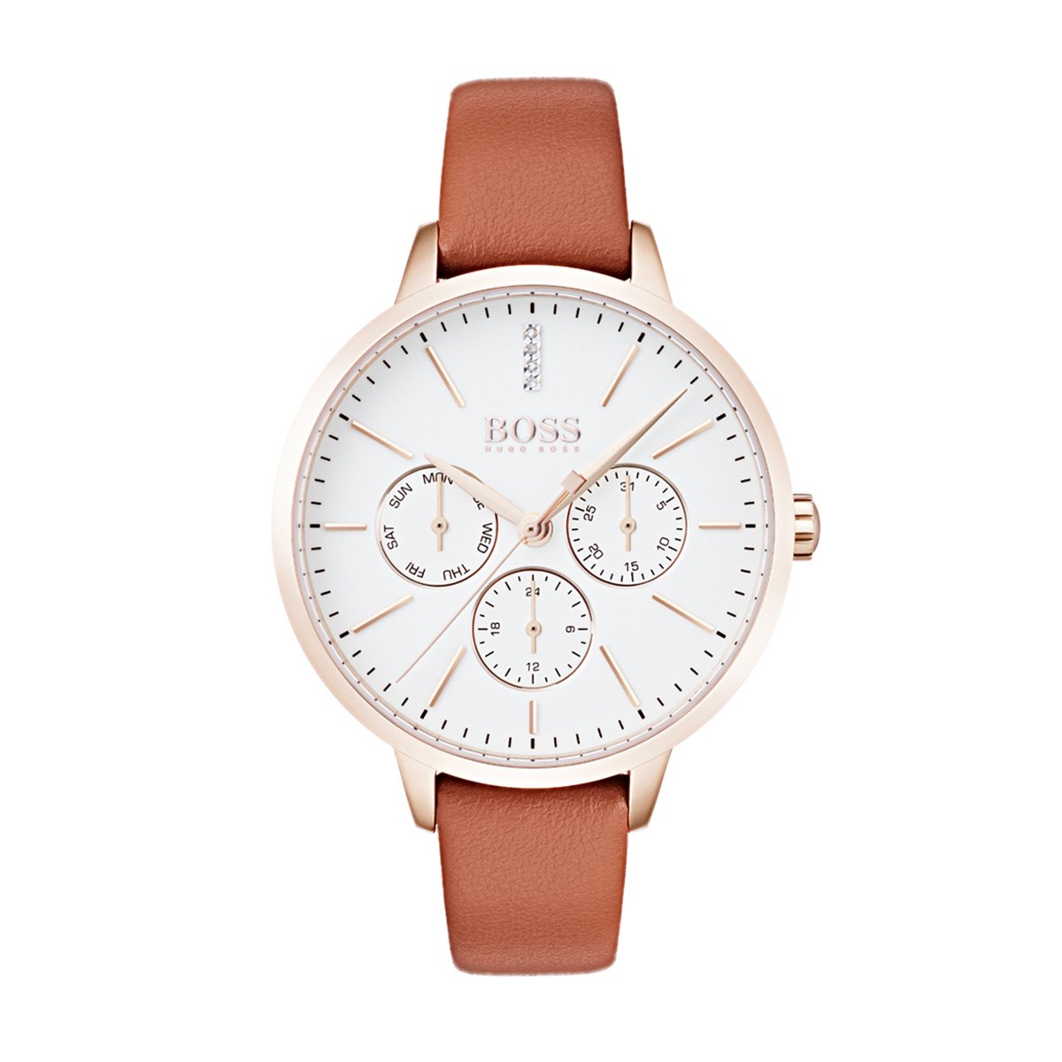 chronograph white dial Hugo Boss ladies watch with brown leather strap