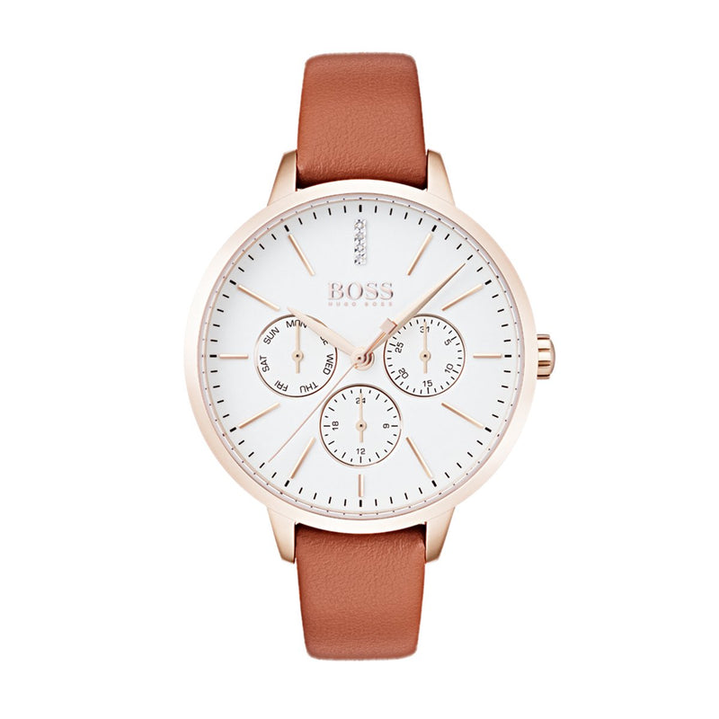 chronograph white dial Hugo Boss ladies watch with brown leather strap
