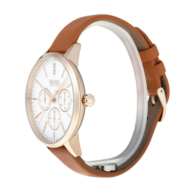 side angle of chronograph white dial Hugo Boss ladies watch with brown leather strap