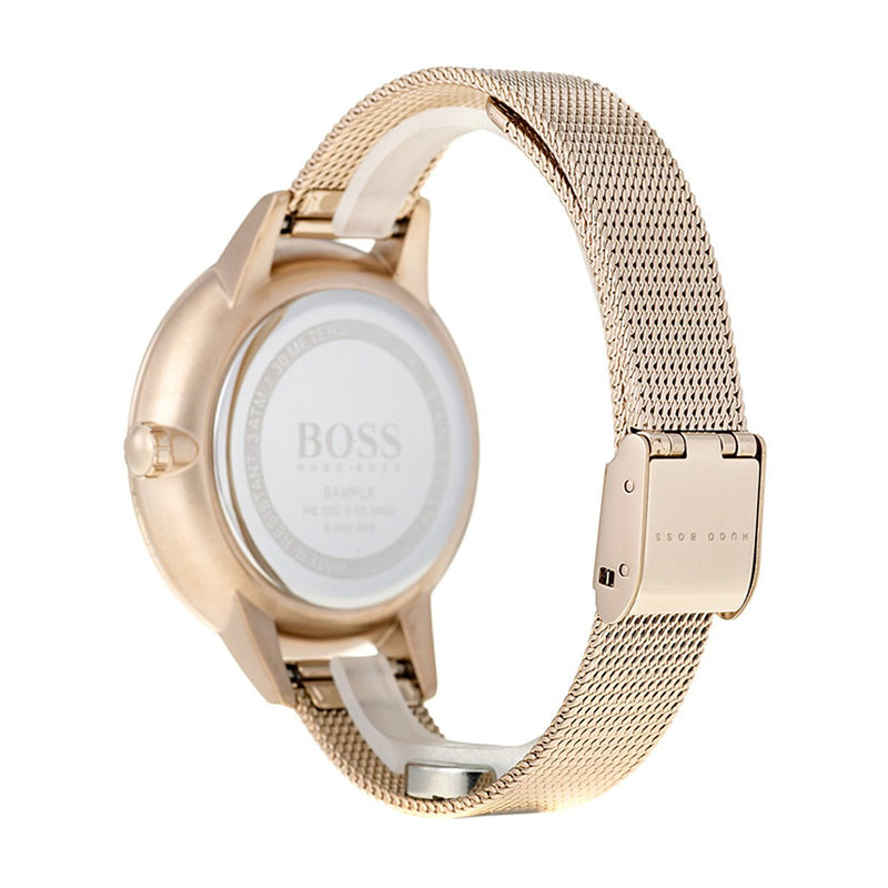 grey chronograph dial Hugo Boss ladies watch with mesh bracelet side angle
