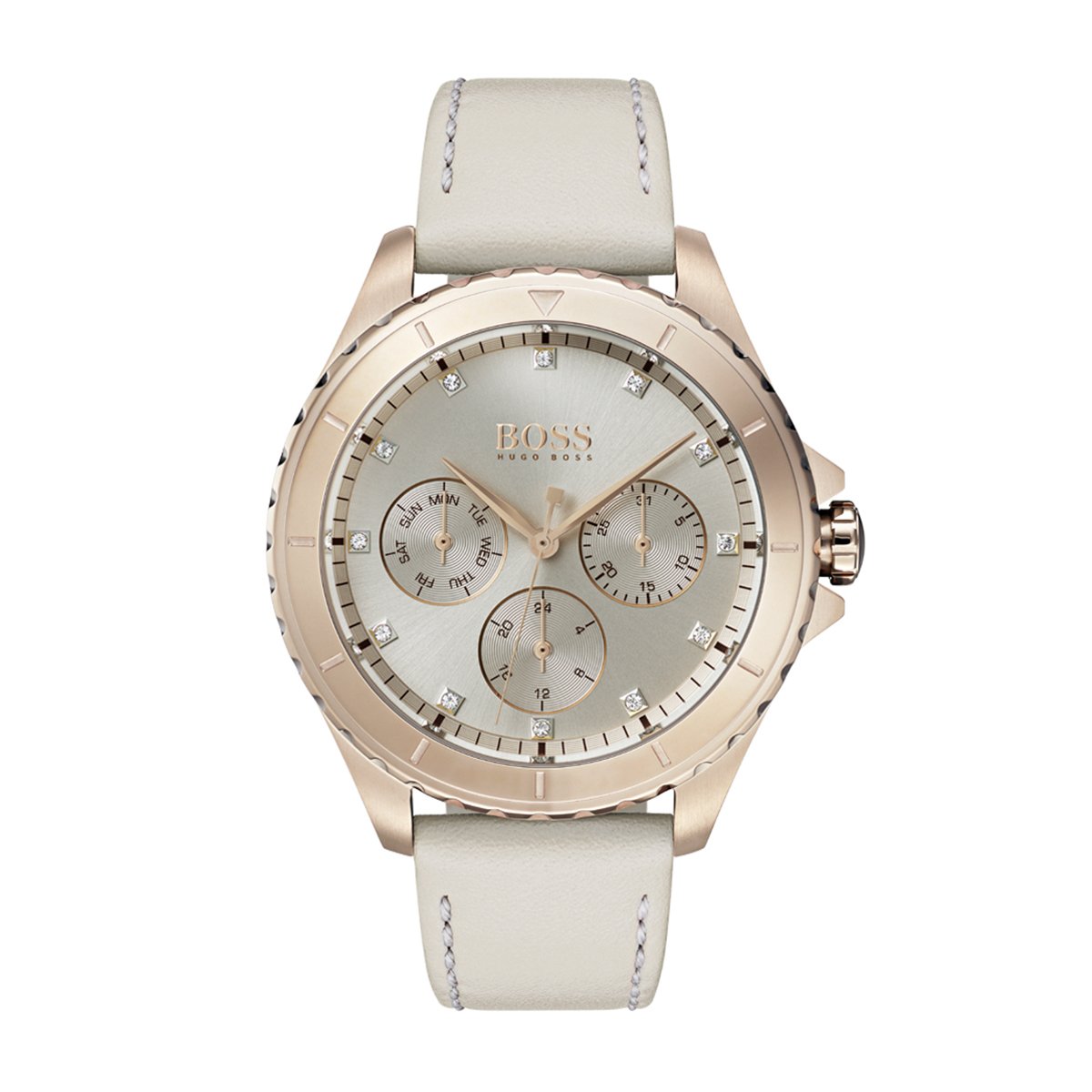 rose gold case and leather strap Hugo Boss watch with three sub dials