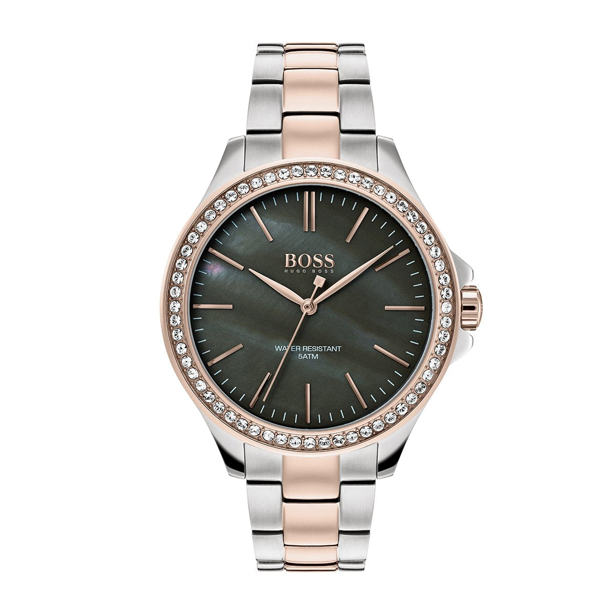 grey dial Hugo Boss watch with two tone bracelet and stone set bezel