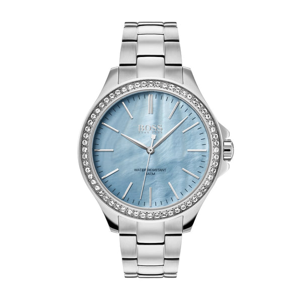 mother of pearl blue dial Hugo Boss watch with stone set bezel and silver coloured bracelet