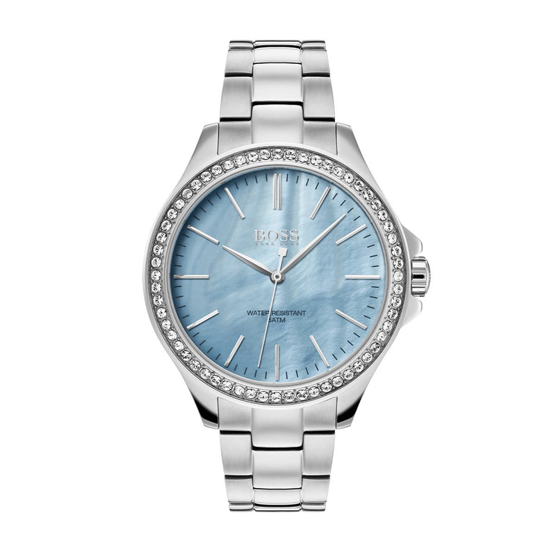 mother of pearl blue dial Hugo Boss watch with stone set bezel and silver coloured bracelet