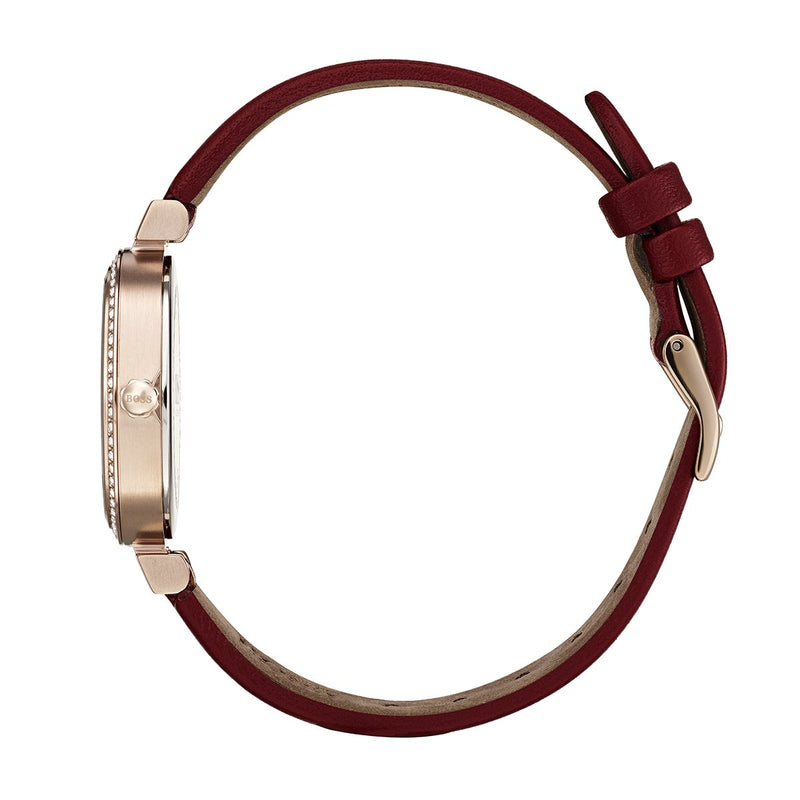 red leather strap on rose gold Hugo Boss watch