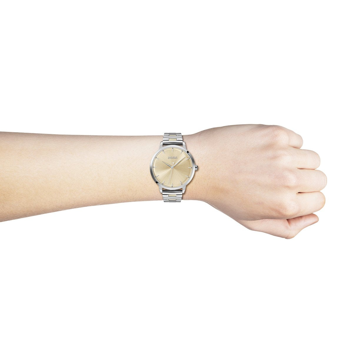 light yellow Hugo Boss watch on a wrist