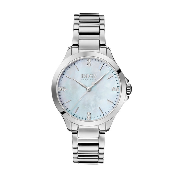 mother of pearl silver bracelet diamond dot dial with blue Hugo Boss ladies watch