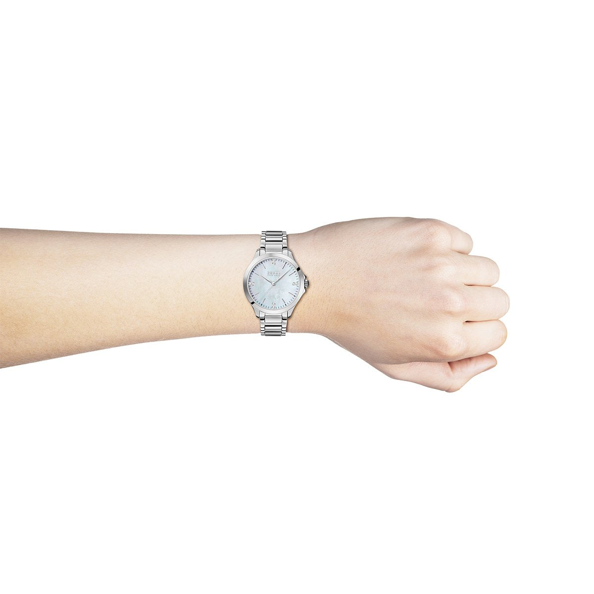 watch with mother of pearl dial and Hugo Boss branding on hand