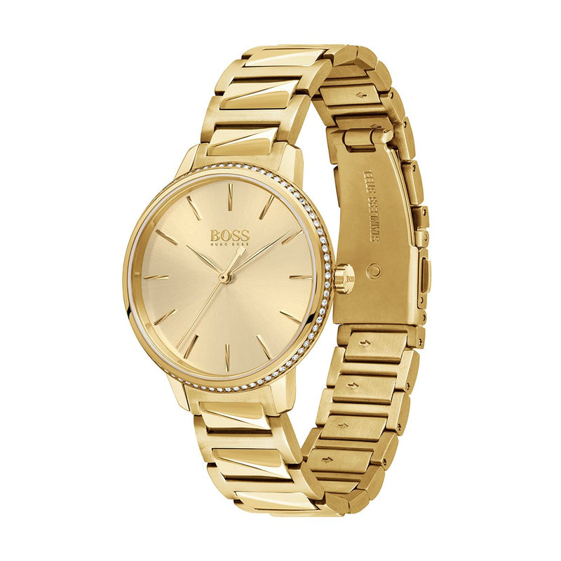 side angle of all gold Hugo Boss ladies watch