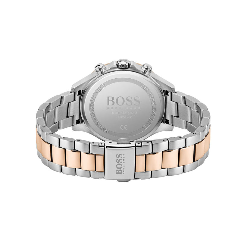 back of Hugo Boss rose gold two tone watch