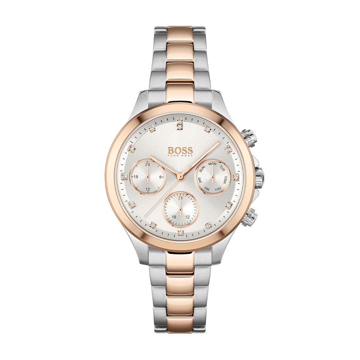 ladies Hugo Boss chronograph watch with rose gold tone bracelet
