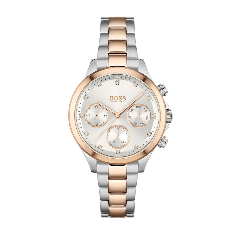 ladies Hugo Boss chronograph watch with rose gold tone bracelet
