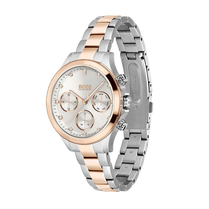 side angle of ladies Hugo Boss chronograph watch with rose gold tone bracelet