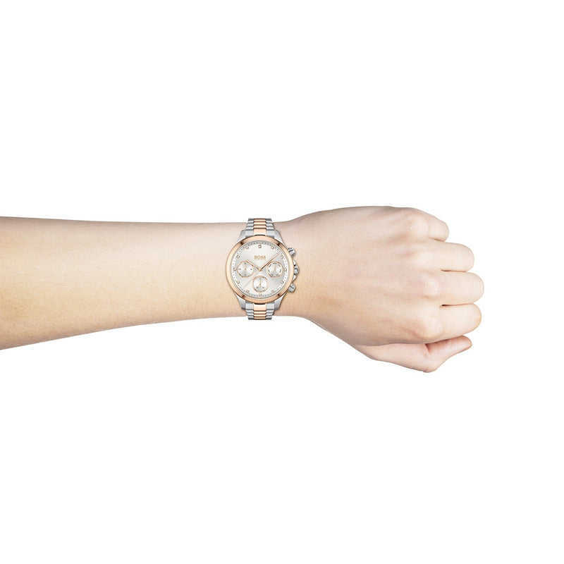 ladies Hugo Boss chronograph watch with rose gold tone bracelet on a wrist