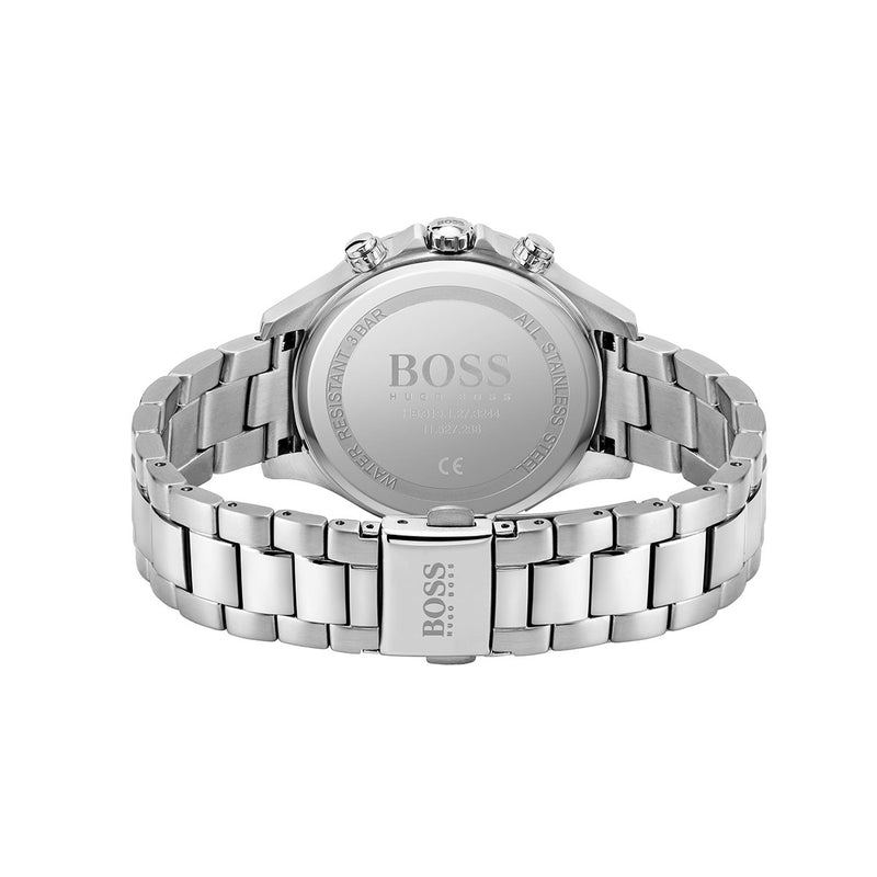 back of Hugo Boss watch with stainless steel bracelet and clasp