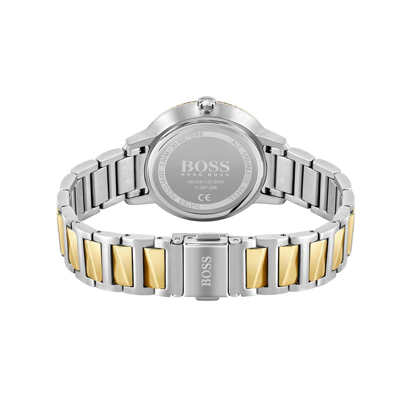 back of Hugo Boss ladies gold and silver tone watch
