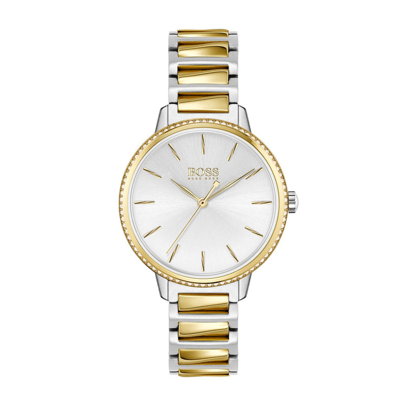 two tone Hugo Boss ladies watch with silver dial and gold tone hour markers