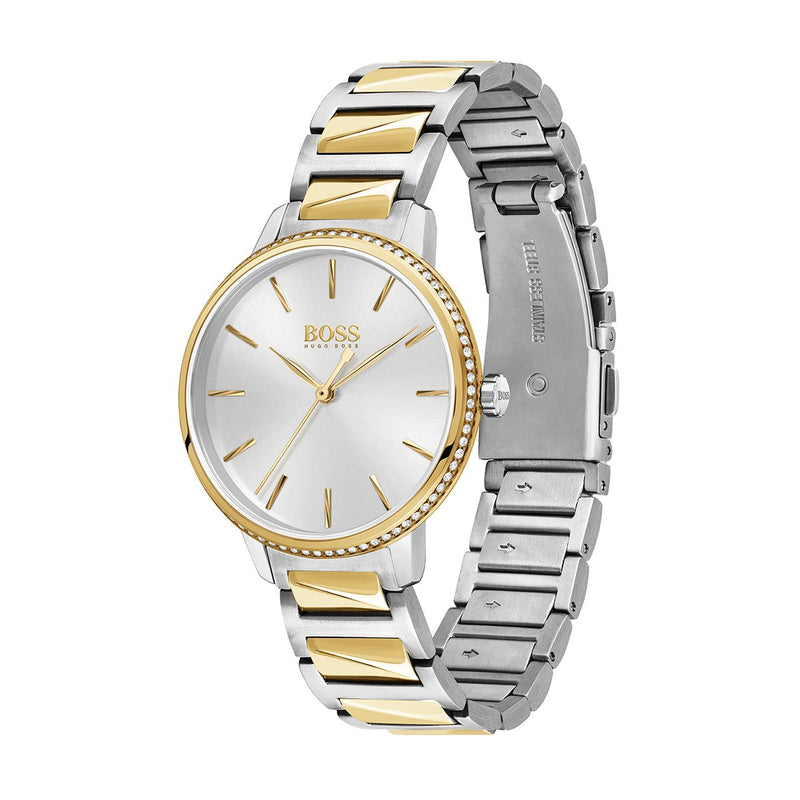 side angle of two tone Hugo Boss ladies watch with silver dial and gold tone hour markers