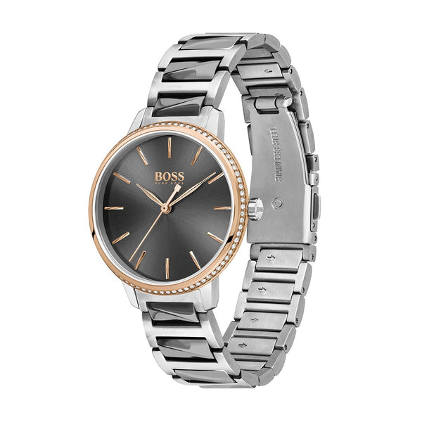 side angle of grey and rose gold tone ladies Hugo Boss watch